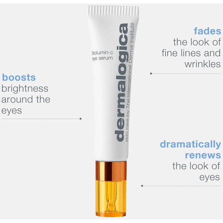Dermalogica BioLumin-C Eye Serum kirkastava silmänympärysseerumi valkoisessa tuubissa häivyttää juonteita.
