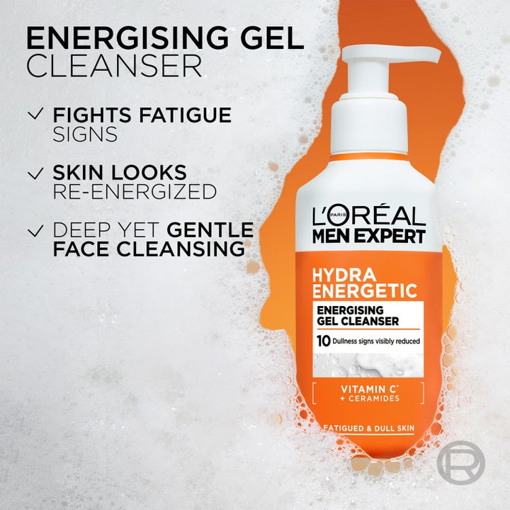 L'Oréal Paris Men Expert Hydra Energetic Vitamin C Cleanser 260 ml virkistävä puhdistusgeeli oranssissa pumppupullossa.