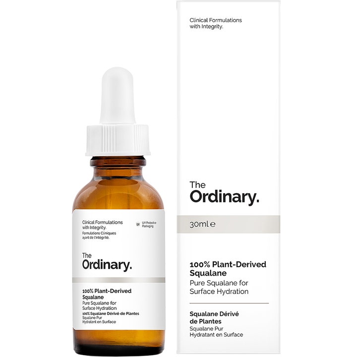 The Ordinary 100% Plant-Derived Squalane 30ml kosteuttava kasvoöljy ruskeassa lasipullossa ja valkoinen pakkaus