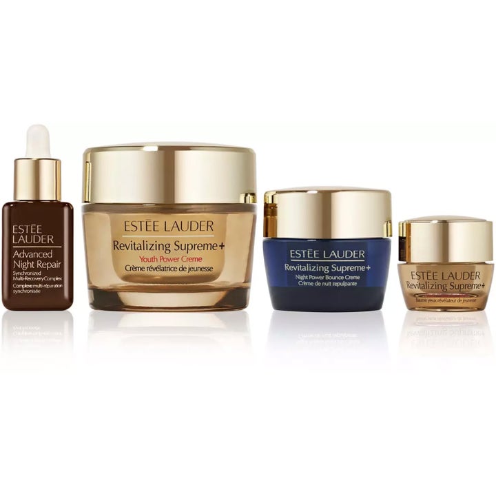 Estée Lauder Supreme + Moisture Value Set kosteuttava ihonhoitosetti ruskea seerumi ja kultaisia sekä sinisiä voidepurkkeja