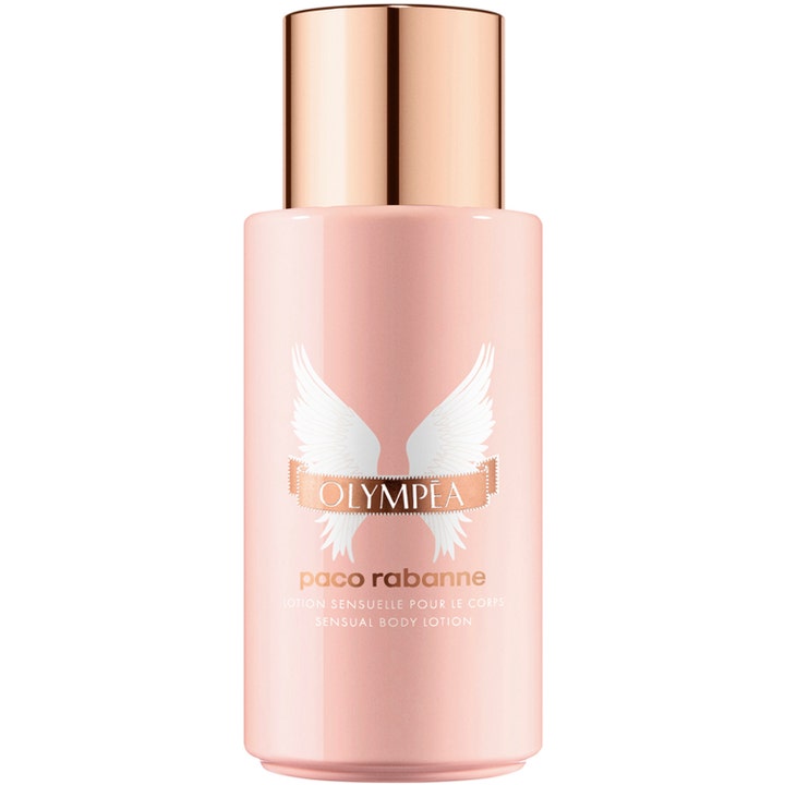 Paco Rabanne Olympēa 200 ml silottava vartalovoide vaaleanpunaisessa pullossa, jossa on ruusukultainen korkki.