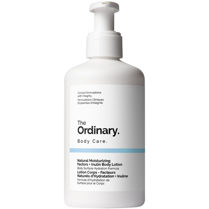The Ordinary Natural Moisturizing Factors + Inulin Body Lotion kosteuttava vartalovoide valkoisessa pumppupullossa.