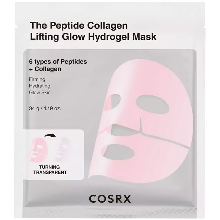 COSRX The Peptide Collagen Lifting Glow Hydrogel Mask 34 g kiinteyttävä kasvonaamio vaaleanpunaisella arkilla.