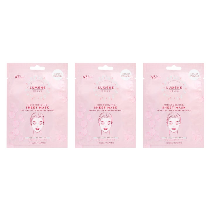 Lumene Hellä Moisturizing Sheet Mask 1 kpl kosteuttava kangasnaamio kolme vaaleanpunaista pussia joissa kasvopiirros