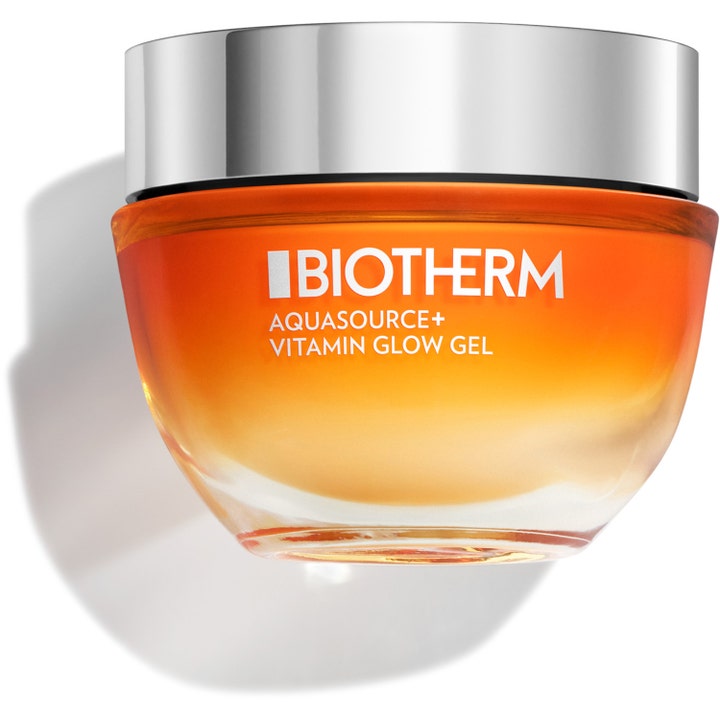 Biotherm Aquasource+ Vitamin Glow Gel heleyttävä geelivoide kirkkaassa oranssissa lasipurkissa hopeisella kannella