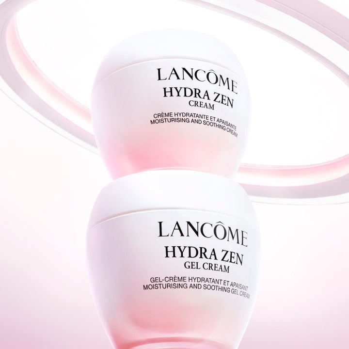 Lancôme Hydra Zen Gel Cream 30 ml rauhoittava päivävoide kahdessa vaaleanpunaisessa lasipurkissa.