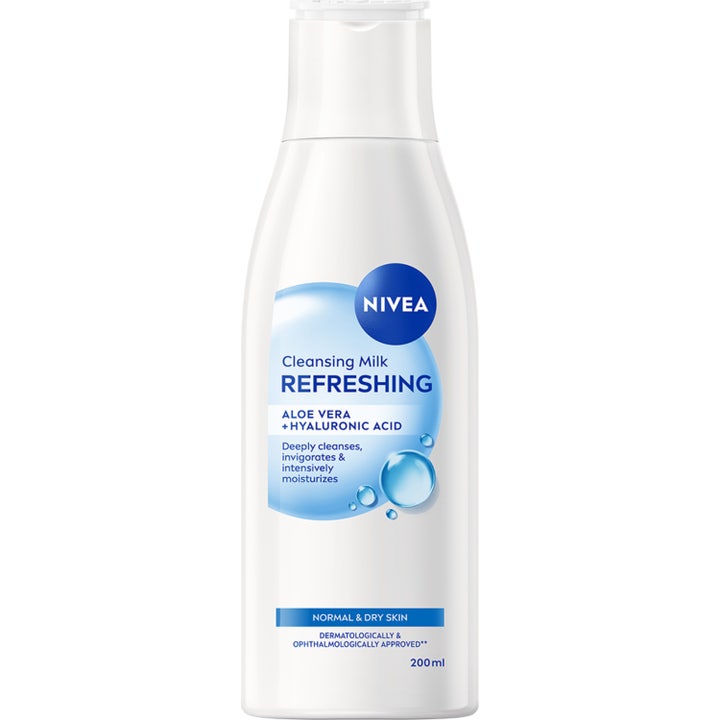 Nivea Refreshing Cleansing Milk 200 ml syväpuhdistava puhdistusmaito valkoisessa muovipullossa sinisellä etiketillä.