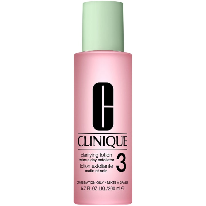Clinique Clarifying Lotion 3 200 ml kuoriva kasvovesi kirkastaa sekaihoa vaaleanpunaisessa pullossa vihreällä korkilla