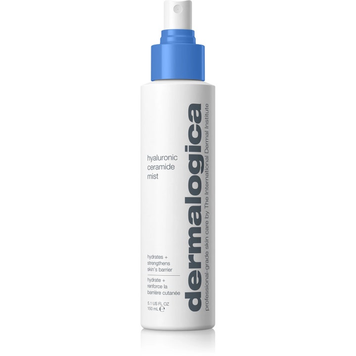 Dermalogica Hyaluronic Ceramide Mist 150 ml kosteuttava kasvosuihke valkoisessa suihkepullossa jossa on sininen suutin