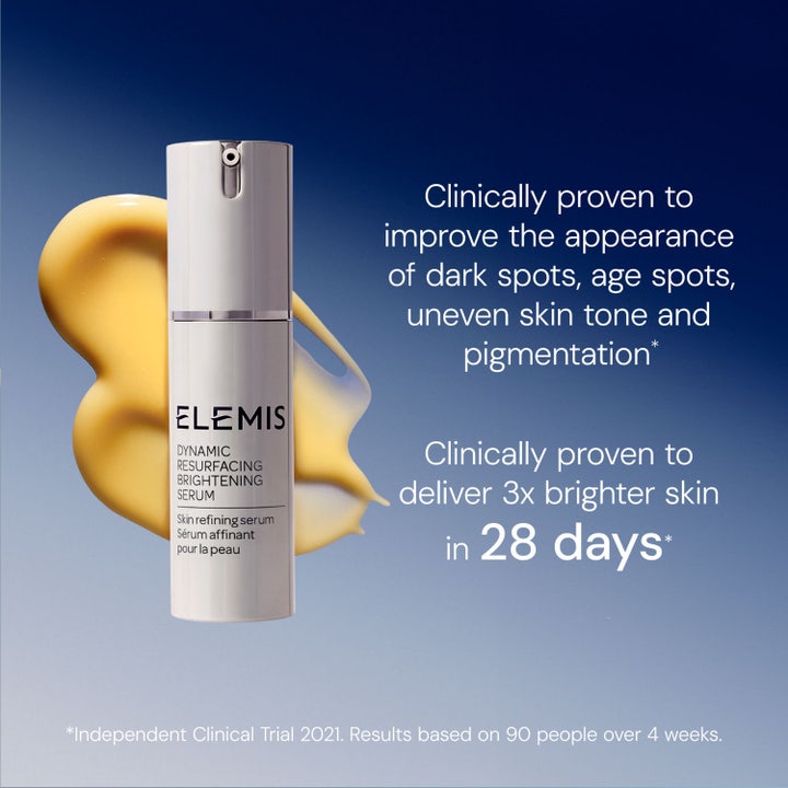 Elemis Dynamic Resurfacing Super-C Serum 30 ml kirkastava seerumi ja keltaista koostumusta sinisellä pohjalla.