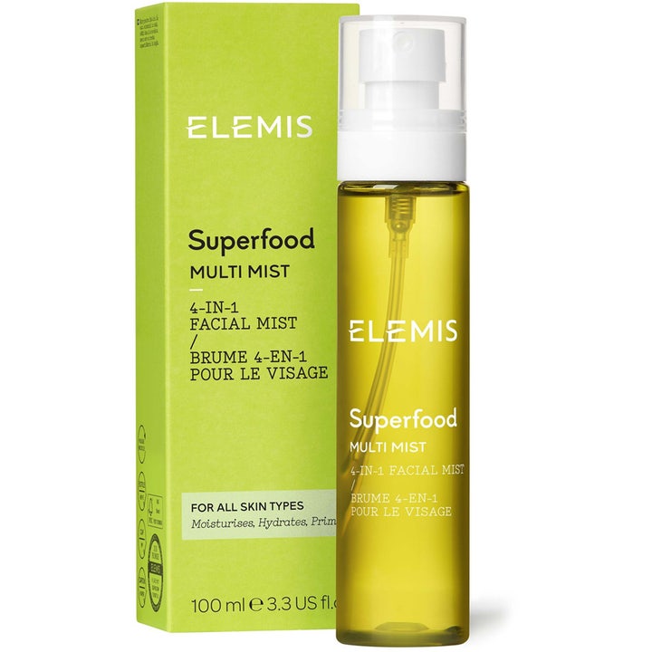 Elemis Superfood Multi Mist 100 ml kosteuttava kasvosuihke vihreässä pakkauksessa ja kirkkaassa suihkepullossa
