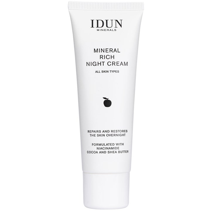 IDUN Minerals Mineral Rich Night Cream 50 ml uudistava yövoide niasiiniamidilla valkoisessa tuubissa.