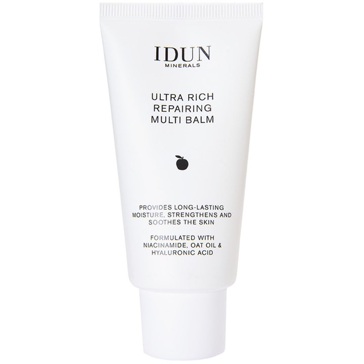 IDUN Minerals Ultra Rich Repairing Multi Balm niasiiniamidia sisältävä korjaava monitoimivoide valkoisessa tuubissa.