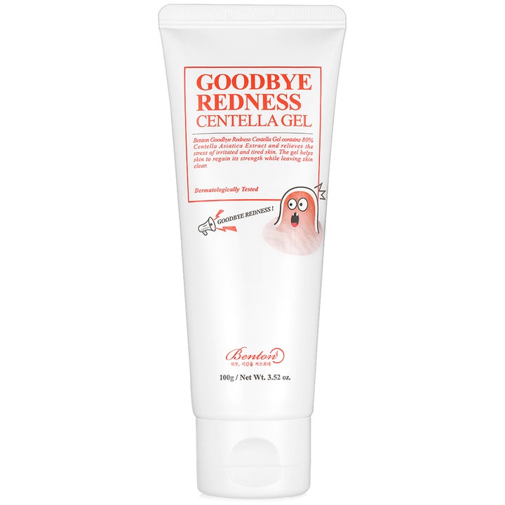 Benton Goodbye Redness Centella Gel 100 g rauhoittava kasvogeeli punoitusta vastaan valkoisessa tuubissa punaisella tekstillä.