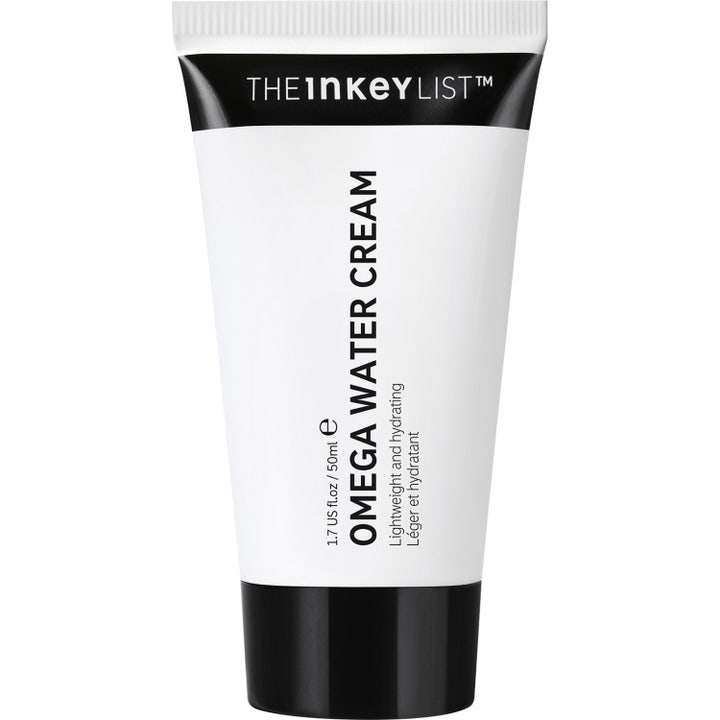 The Inkey List Omega Water Cream 50 ml kosteuttava kevyt kasvovoide valkoisessa tuubissa mustalla korkilla.