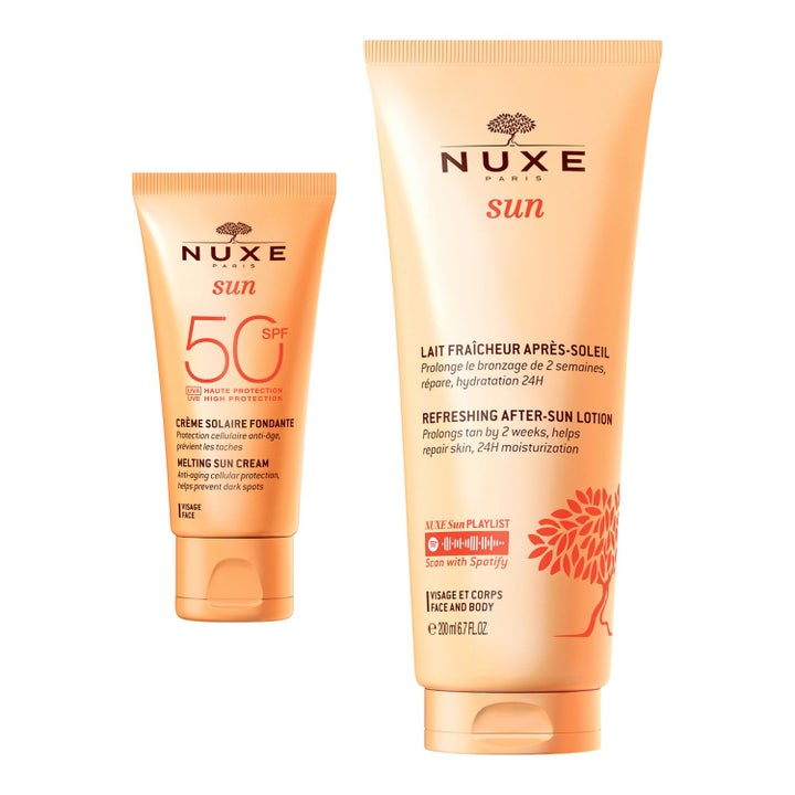 Nuxe Sun After-Sun Lotion 200 ml ja Melting Cream SPF 50 50 ml rauhoittava ja suojaava kultainen tuubikaksikko.
