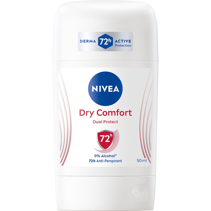 Nivea Dry Comfort 50 ml antiperspirantti-stick antaa suojan hikoilua vastaan valkoisessa muovipakkauksessa.