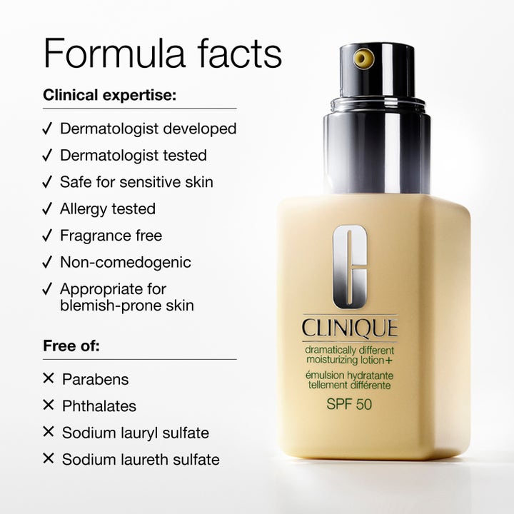 Clinique Dramatically Different SPF 50 75 ml hajusteeton päivävoide keltaisessa pullossa ja lista tuotefaktoja