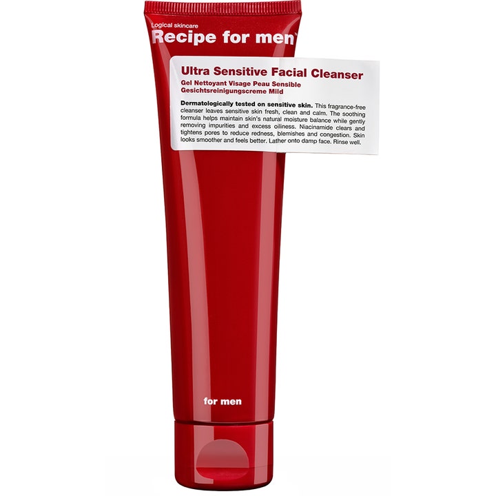 Recipe for men Ultra Sensitive Facial Cleanser rauhoittava puhdistusgeeli kirkkaan punaisessa muovituubissa.