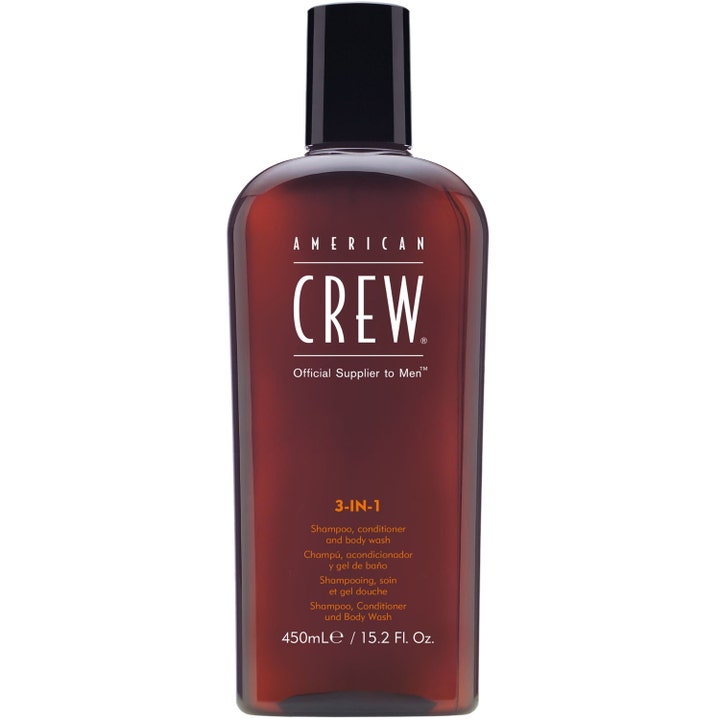 American Crew 3-in-1 450 ml puhdistava suihkugeeli ja shampoo ruskeassa muovipullossa mustalla korkilla.