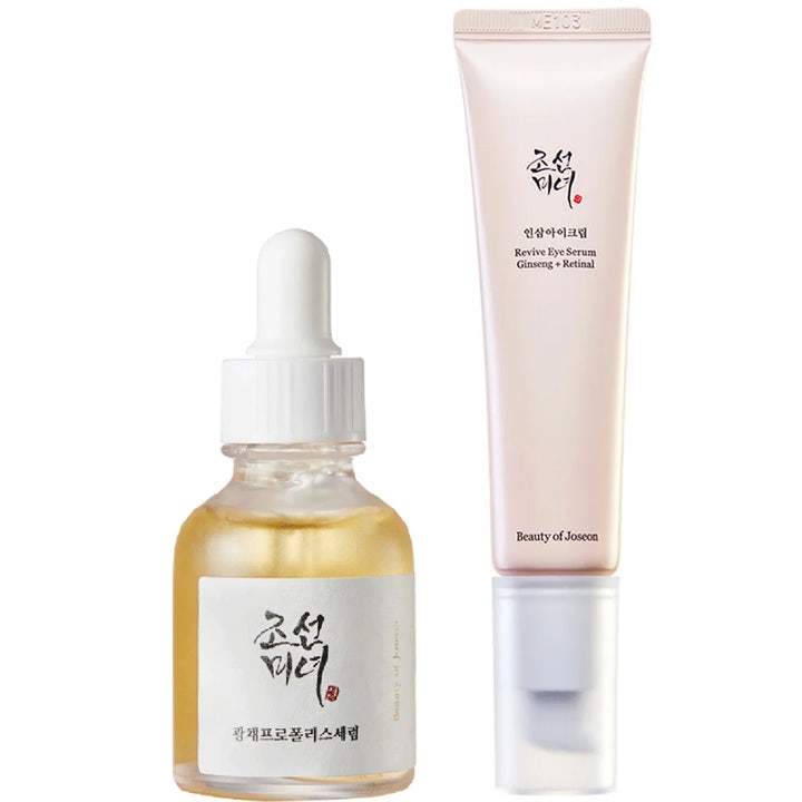 Beauty of Joseon Glow Serum ja Revive Eye Serum heleyttävä keltainen seerumi ja uudistava silmänympärysvoide vaaleassa tuubissa.