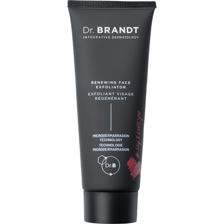 Dr. Brandt Renewing Face Exfoliator kirkastava kasvokuorinta mustassa tuubissa, jossa on punainen sydänkuvio.
