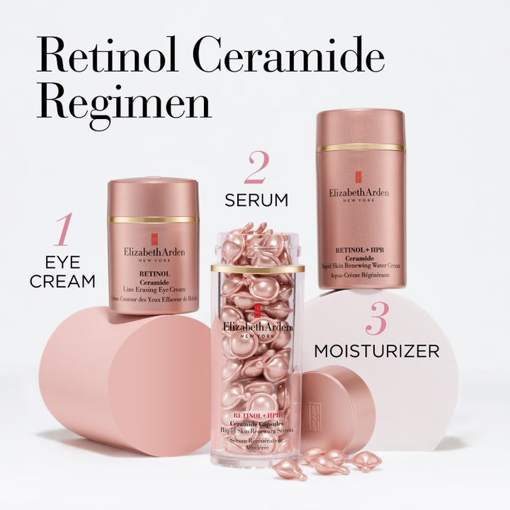 Elizabeth Arden Ceramide Capsules Retinol + HPR Serum 60 kpl ihonhoitorutiini sisältää seerumin ja voiteet