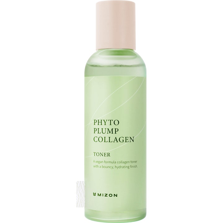 Mizon Phyto Plump Collagen Toner 150 ml kosteuttava kasvovesi vihreässä läpikuultavassa pullossa vaaleanpunaisella korkilla