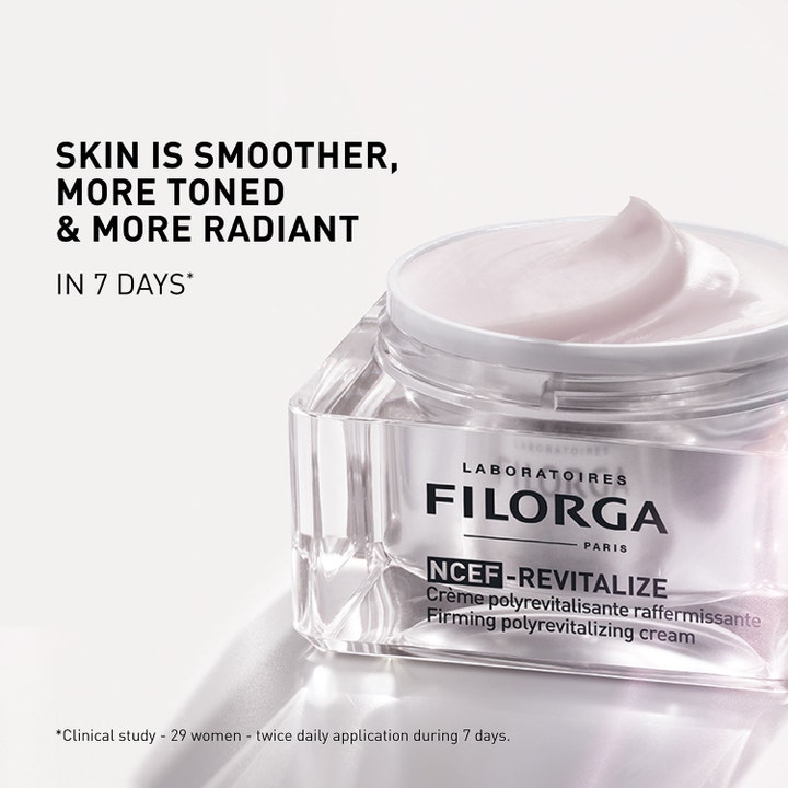 Filorga NCEF-Revitalize Cream 50 ml kiinteyttävä kasvovoide heleyttää ja silottaa. Vaaleanpunainen voide lasipurkissa.