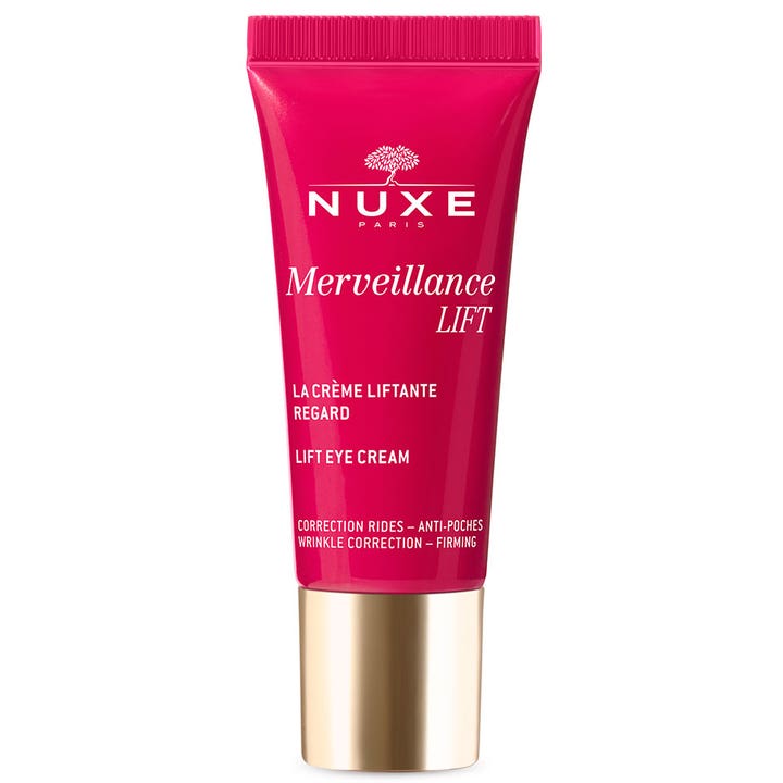 Nuxe Merveillance Lift 15 ml kiinteyttävä silmänympärysvoide silottaa juonteita vadelmanpunaisessa tuubissa kultaisella korkilla.