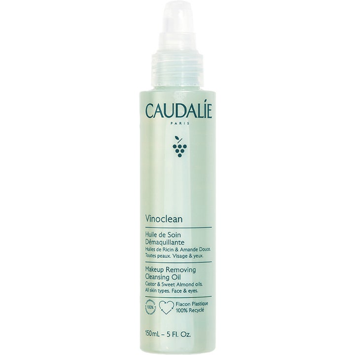 Caudalie Vinoclean Makeup Removing Cleansing Oil 150 ml puhdistusöljy meikin poistoon vaaleanvihreässä pumppupullossa.
