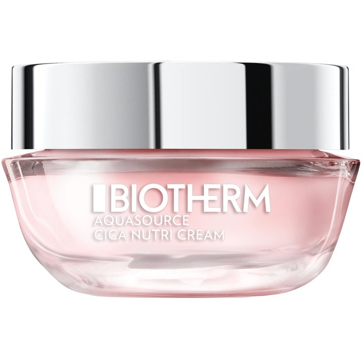 Biotherm Aquasource Cica Nutri Cream 50 ml ravitseva kasvovoide vaaleanpunaisessa lasipurkissa hopeisella korkilla