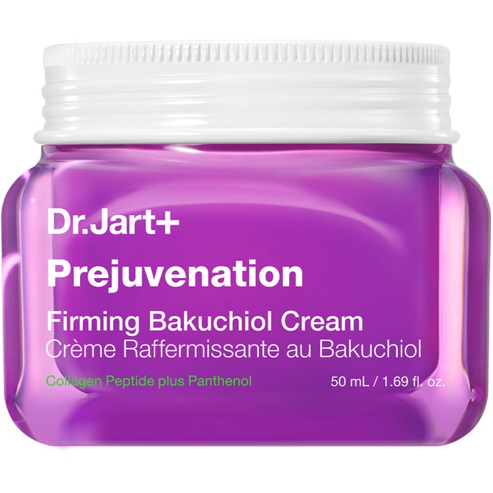 Dr. Jart+ Prejuvenation Firming Bakuchiol Cream 50 ml kiinteyttävä kasvovoide fuksianvärisessä lasipurkissa.