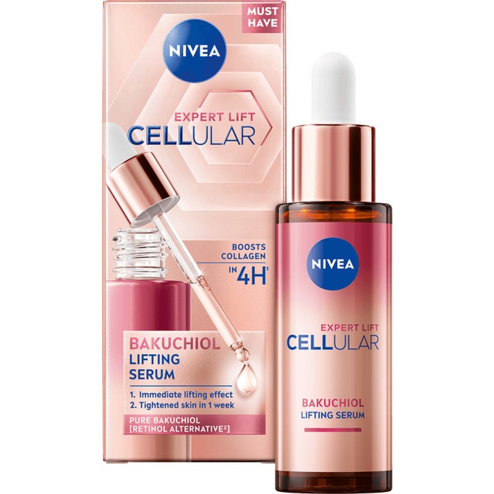 Nivea Expert Lift Cellular Bakuchiol Lifting Serum kiinteyttävä kasvoseerumi lasipullossa ja ruusukultaisella pipetillä