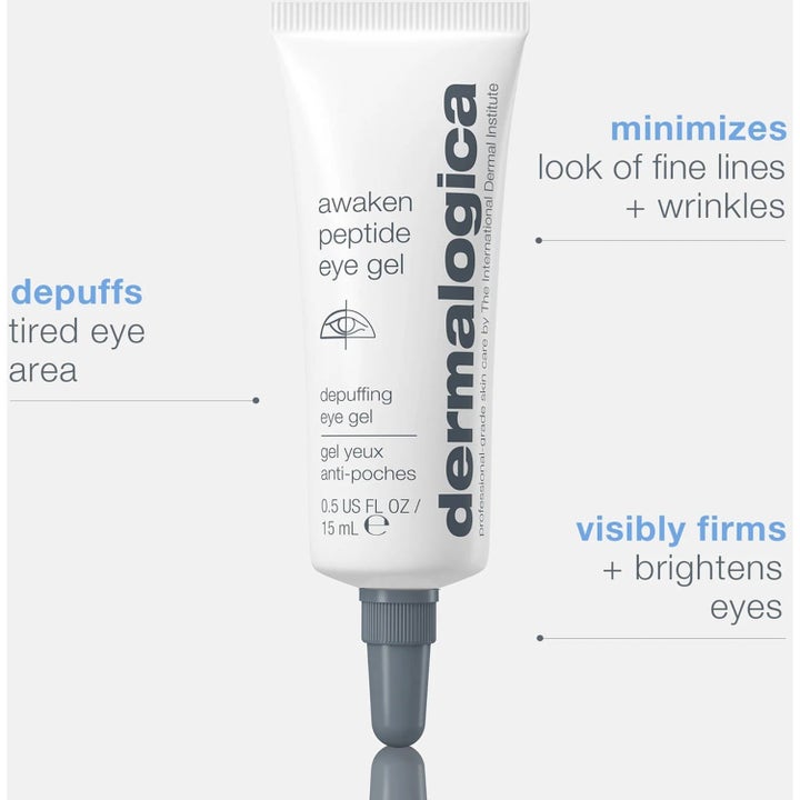 Dermalogica Awaken Peptide Eye Gel 15 ml laskee turvotusta ja kirkastaa silmänympärysihoa valkoisessa tuubissa.