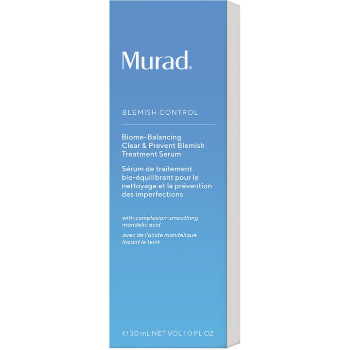 Murad Biome-Balancing Clear & Prevent Serum 30 ml kirkastava seerumi sinisessä pakkauskartongissa.