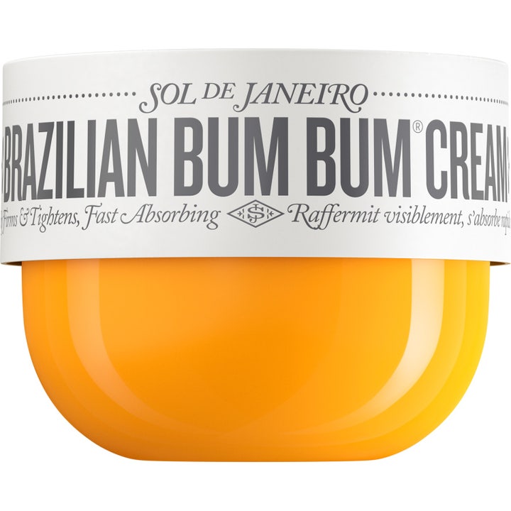Sol de Janeiro Brazilian Bum Bum Cream kiinteyttävä vartalovoide keltaisessa purkissa valkoisella kannella.