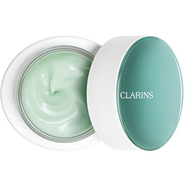 Clarins Cryo-Flash Cream-Mask 75 ml viilentävä kasvonaamio vaaleanvihreä voide ja valkoinen purkki turkoosilla kannella