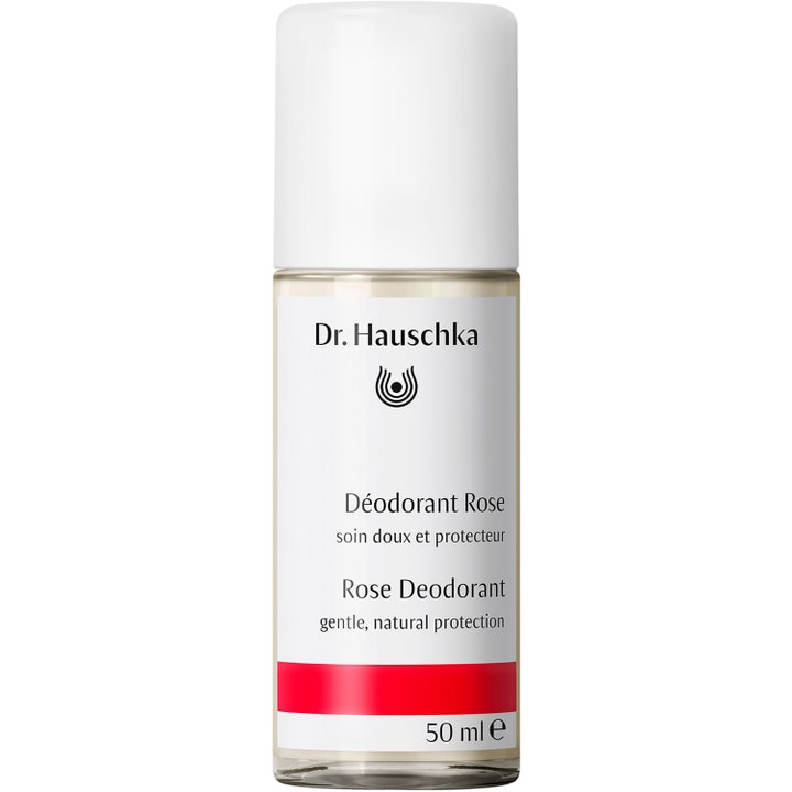 Dr. Hauschka Rose Deodorant 50 ml luonnollinen ja suojaava roll-on kirkkaassa lasipullossa valkoisella korkilla