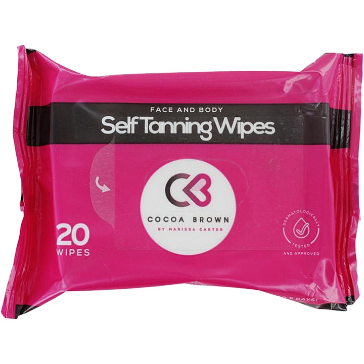 Cocoa Brown Self Tanning Wipes 20 kpl itseruskettavat liinat antavat hehkua vaaleanpunaisessa muovipakkauksessa.