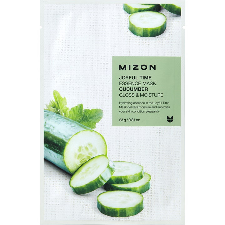 Mizon Joyful Time Essence Mask Cucumber 23 g kosteuttava kangasnaamio raikkailla kurkkuviipaleiden kuvilla.