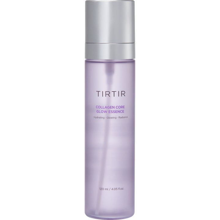 Tirtir Collagen Core Glow Essence 120 ml heleyttävä hoitoneste liilassa pullossa hopeisella korkilla.
