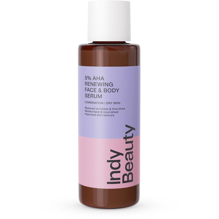 Indy Beauty 5% AHA Renewing Face & Body Serum 125 ml uudistava seerumi ruskeassa pullossa lila-pinkillä etiketillä