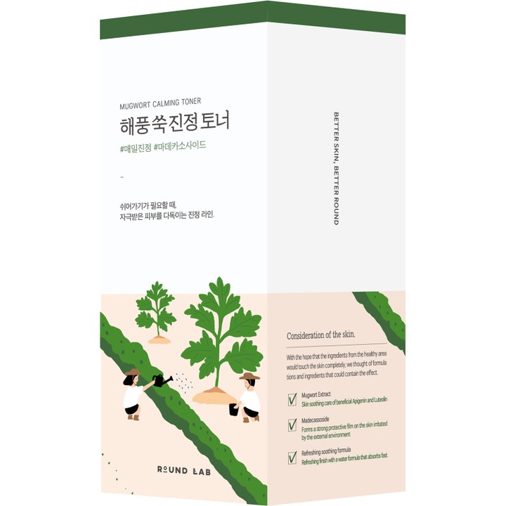 Round Lab Mugwort Calming Toner 300 ml rauhoittava kasvovesi valkoisessa pahvipakkauksessa, jossa on marunakuvitus.