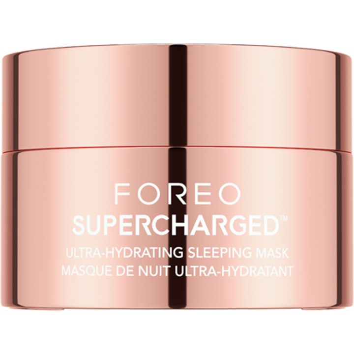 FOREO Supercharged Ultra-Hydrating Sleeping Mask syväkosteuttava yönaamio tyylikkäässä rosekultaisessa purkissa