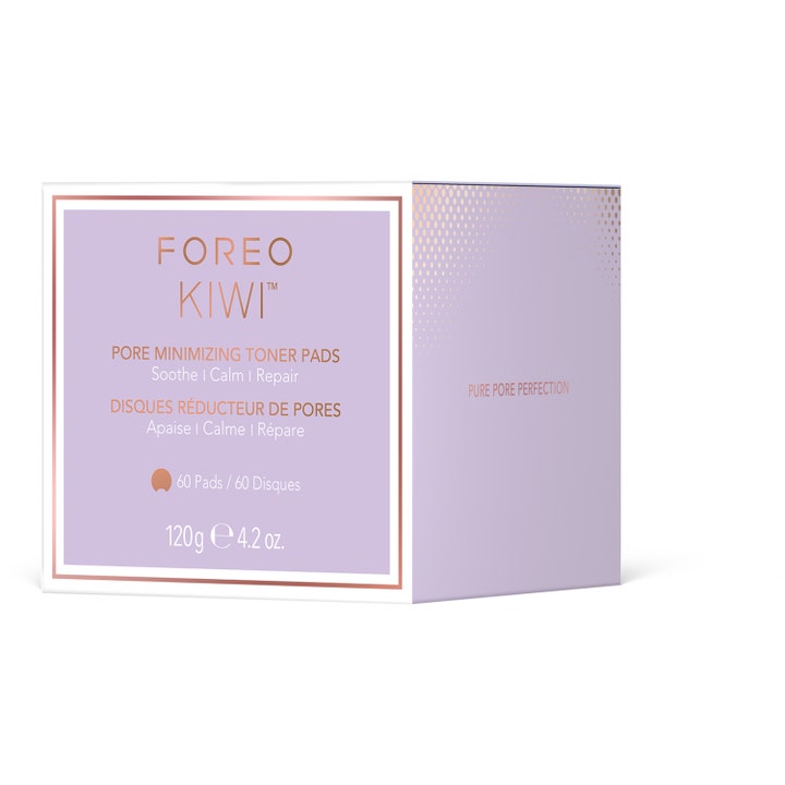 Foreo KIWI Pore Minimizing Toner Pads 60 kpl supistava kasvovesi vaaleanliilassa pakkauksessa ruusukultaisin yksityiskohdin