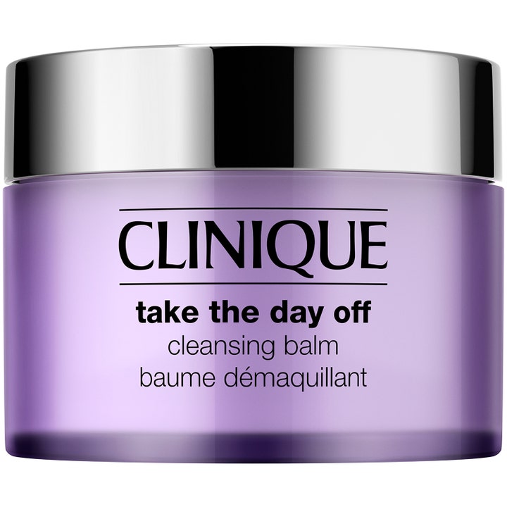 Clinique Take The Day Off Cleansing Balm puhdistusvoide on lilaan lasipurkkiin pakattu meikinpoistoaine.