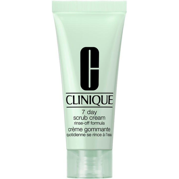 Clinique 7 Day Scrub Cream 100 ml kirkastava kuorintavoide vaaleanvihreässä tuubissa läpinäkyvällä korkilla.