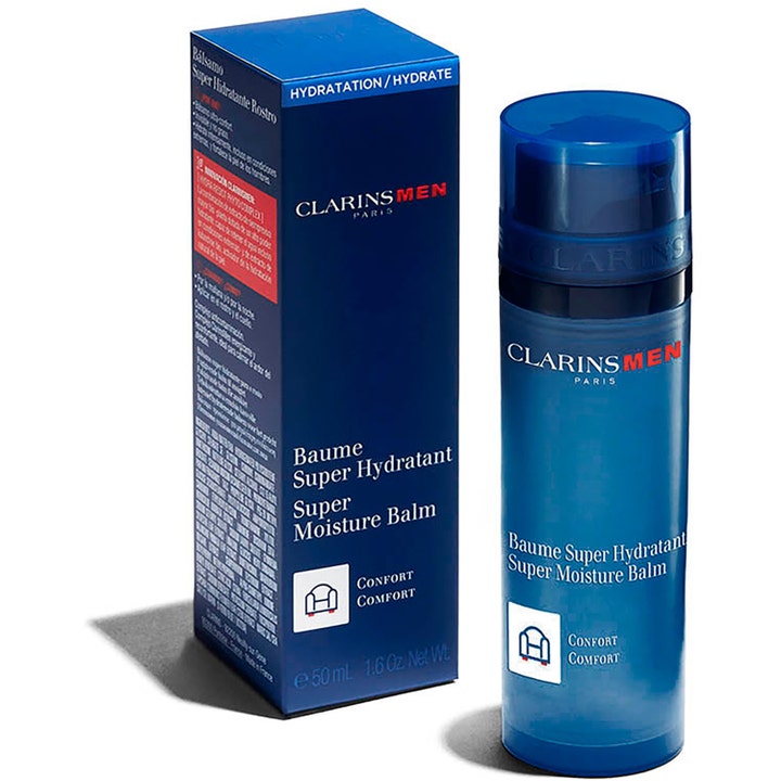 Clarins Men Super Moisture Balm 50 ml kosteuttava kasvovoide sinisessä pumppupullossa ja pakkauksessa.