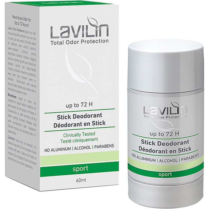 Lavilin Stick Deodorant Sport 60ml alumiiniton deodoranttipuikko valkoisessa hylsyssä ja vihreässä pakkauksessa
